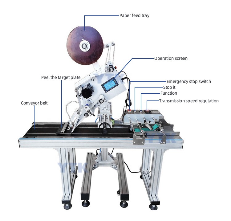 YTK Automatic Flat Box Surface Label Applicator Machine with conveyor